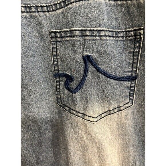 Y2K Embroidered Bell Bottom Wide Leg High Rise Distressed Raw Hem Med Wash XL - Picture 7 of 11